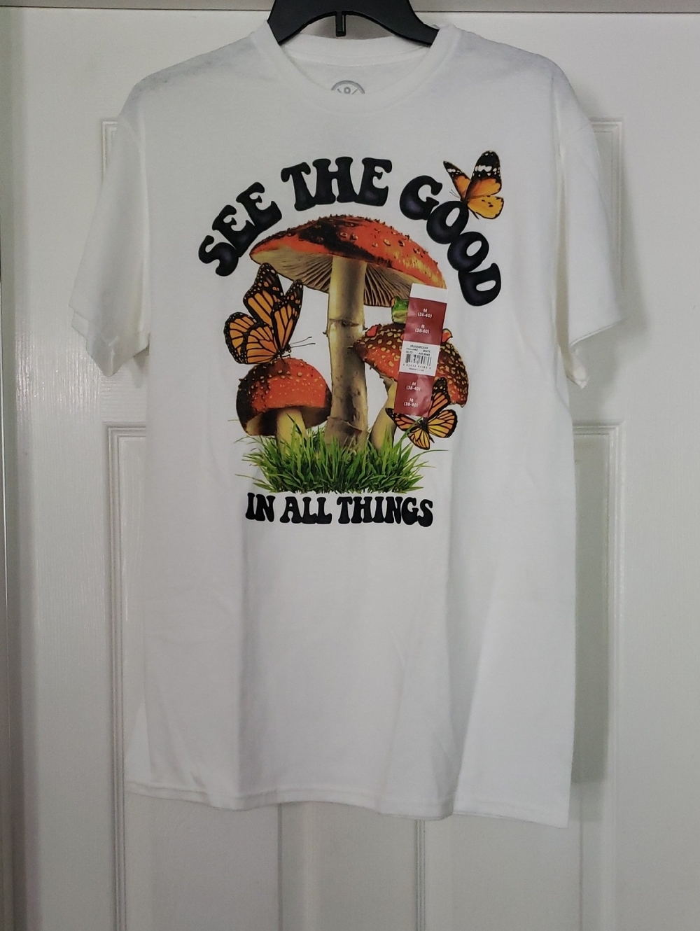 NWT-See The Good White Medium Graphic Tee - Butterflies & Mushrooms